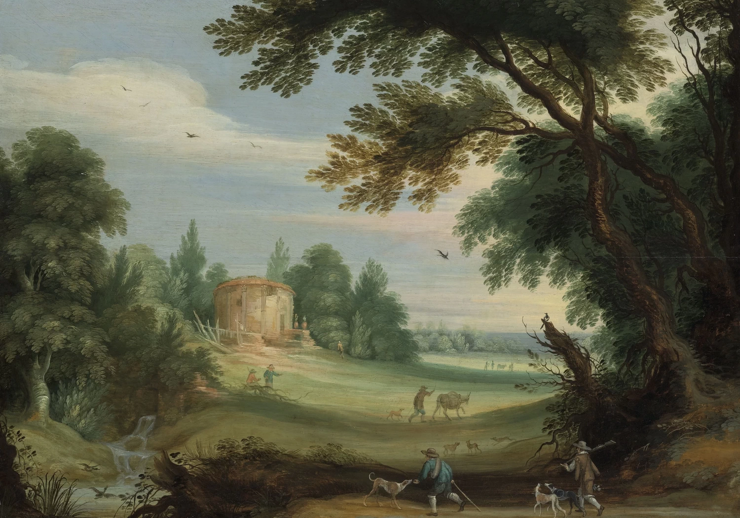 Paesaggio boscoso con cacciatori e un tempio - attribuito